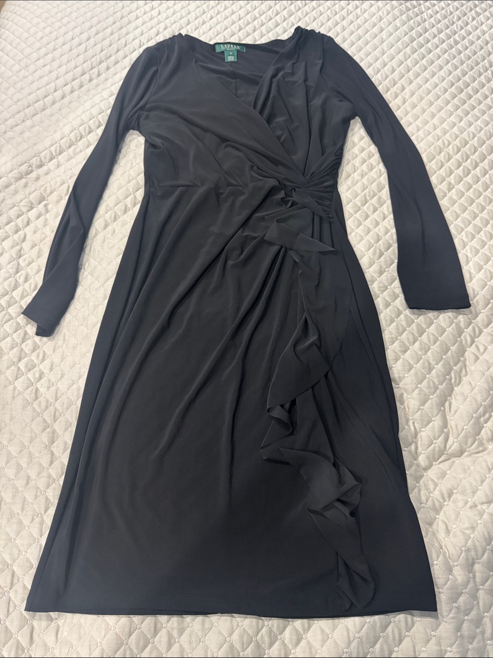 Lauren Ralph Lauren Black Long-Sleeve Wrap Dress with Side Ruffle